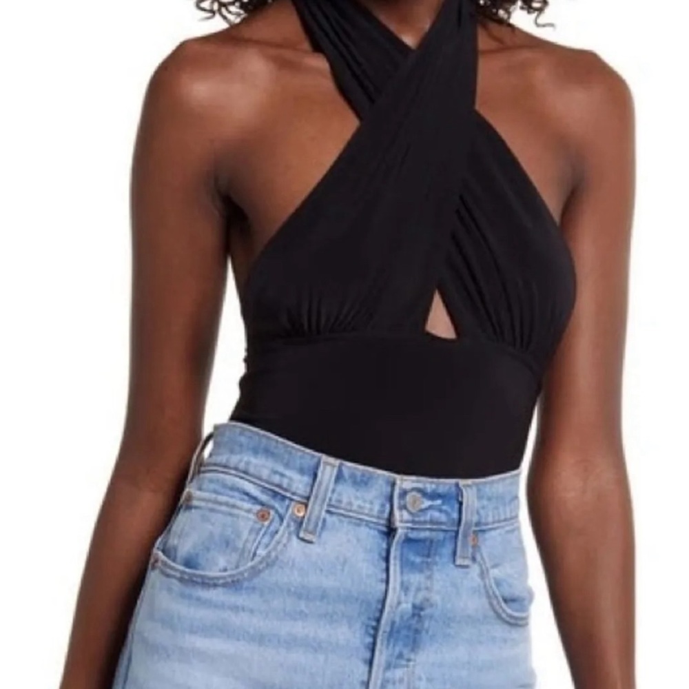 Open Edit Wrap Neck Halter Bodysuit In Black